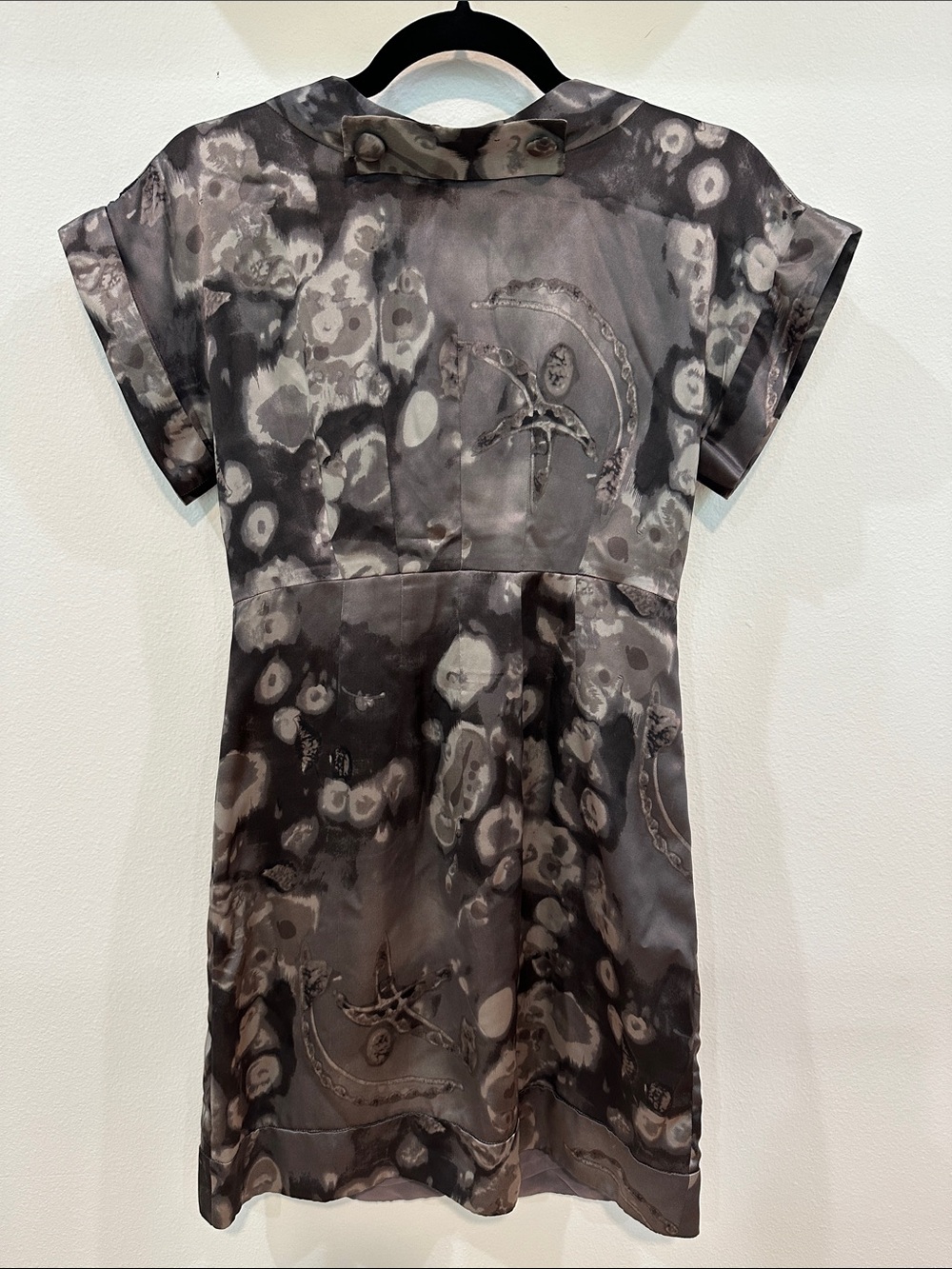 Anna Sui Silk Black and Gray Abstract Print Mini Dress